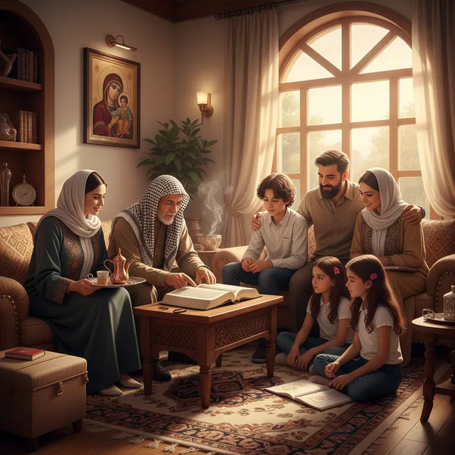 Middle Eastern Christian family studying Bible together in a warm living room