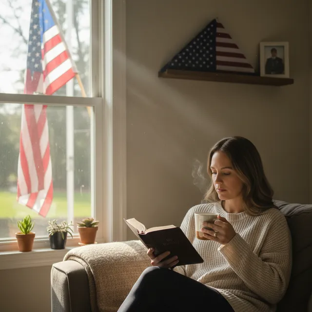 Military spouse at home reading Bible with coffee, peaceful morning moment, sunlight streaming in, thoughtful expression