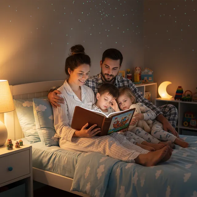 Millennial parents reading Bible stories to children in pajamas at bedtime