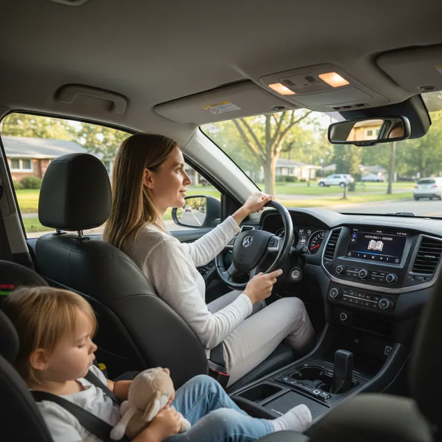 Millennial parent driving with children in car seats listening to audio Bible