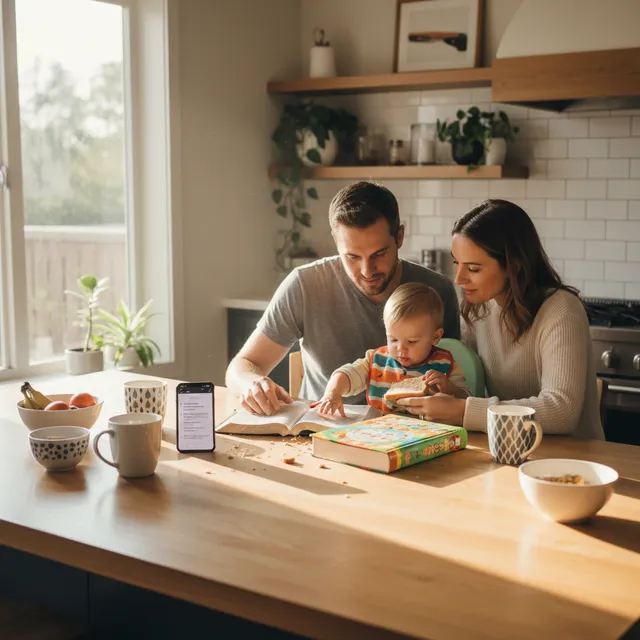 Millennial parents doing Bible devotion with toddler during breakfast in a modern kitchen