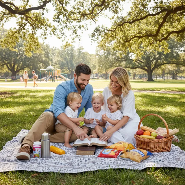 Millennial family having outdoor Bible devotion picnic at the park
