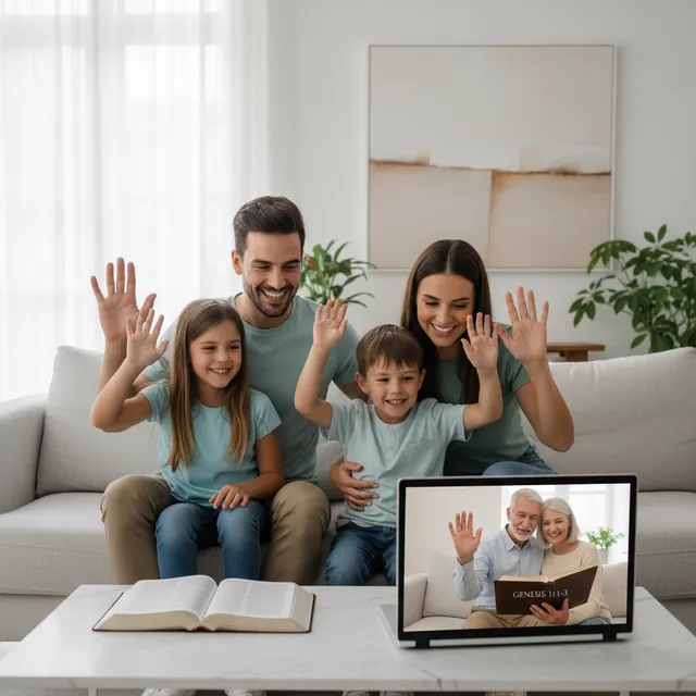 Millennial family doing Bible study on video call with grandparents