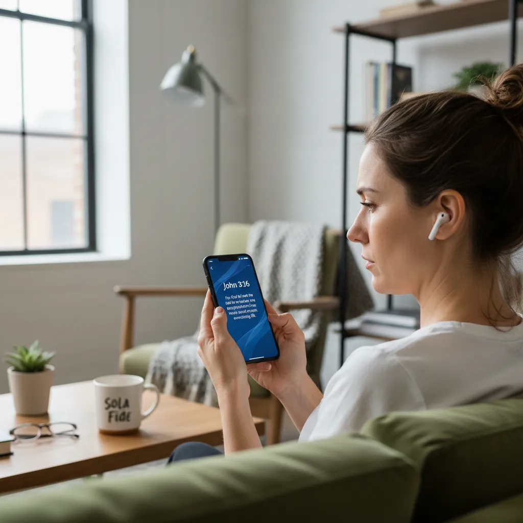 Millennial using smartphone Bible app in everyday setting, integrating faith into daily routine