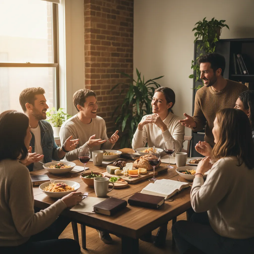Millennials sharing a meal together with Bibles on the table, showing authentic Bible study community