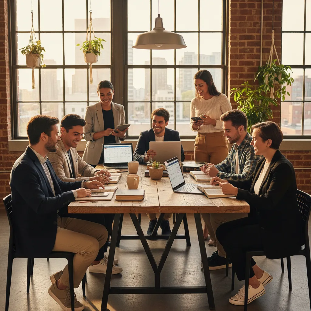 Diverse group of millennials studying the Bible together in a modern urban setting with tablets and phones alongside Bibles