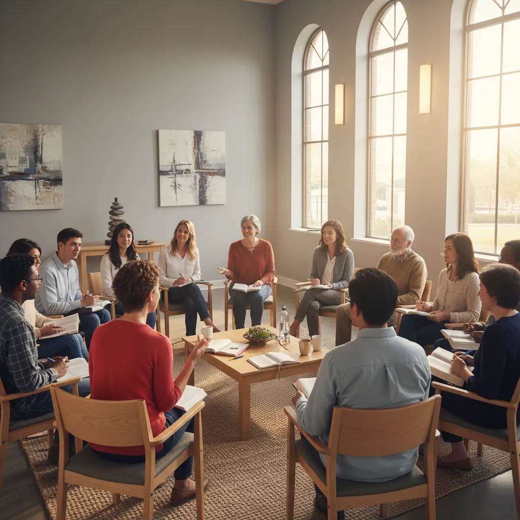 Diverse modern Catholic Bible study group in parish hall sitting in circle with open Bibles and notebooks