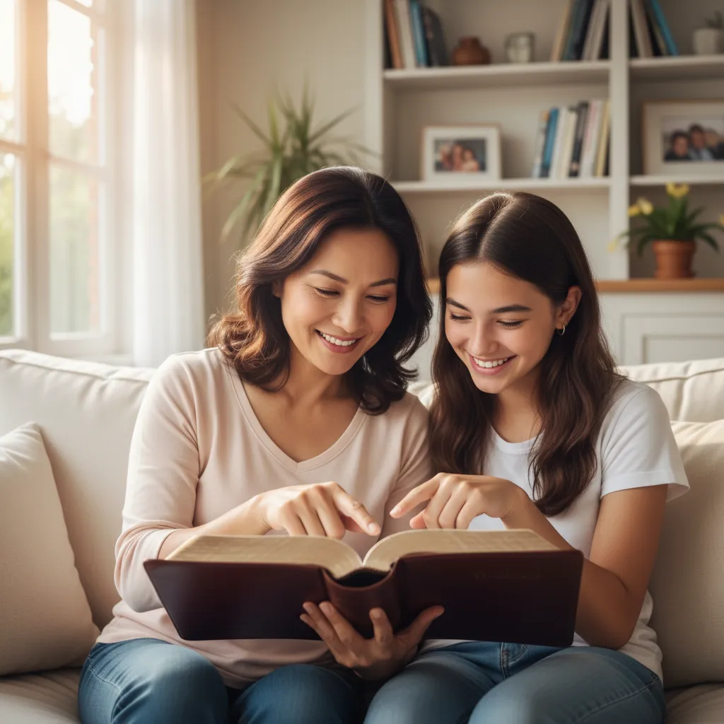 Asian mother in her 40s and teenage daughter reading Bible together on couch, sharing a genuine bonding moment while passing faith to the next generation