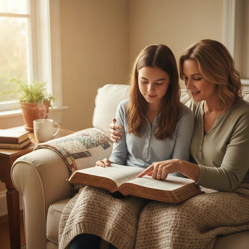 Mother and teenage daughter reading Bible together on comfortable couch