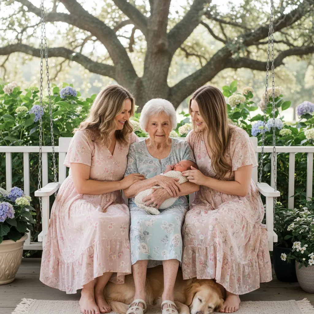 Multigenerational women's Bible study group with diverse ages from 20s to 70s sitting in circle in a living room, showing Titus 2 mentorship as older women teach younger women