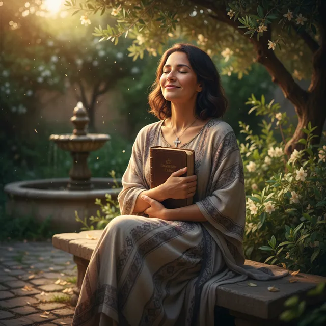 Joyful person from Middle Eastern or South Asian background sitting peacefully outdoors in a garden, holding a Bible with an expression of peace and quiet joy