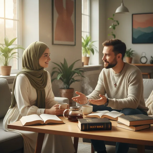 Two people having respectful conversation over coffee or tea, one from a Muslim background and one Christian, with open books including a Bible on the table