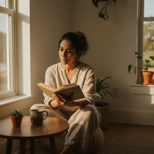 Thoughtful person from Middle Eastern or South Asian background sitting in a peaceful home setting, reading an open book with contemplative expression and warm lighting
