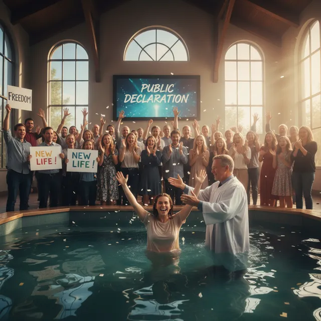 Joyful baptism scene with new believer being baptized in church baptistry, congregation celebrating