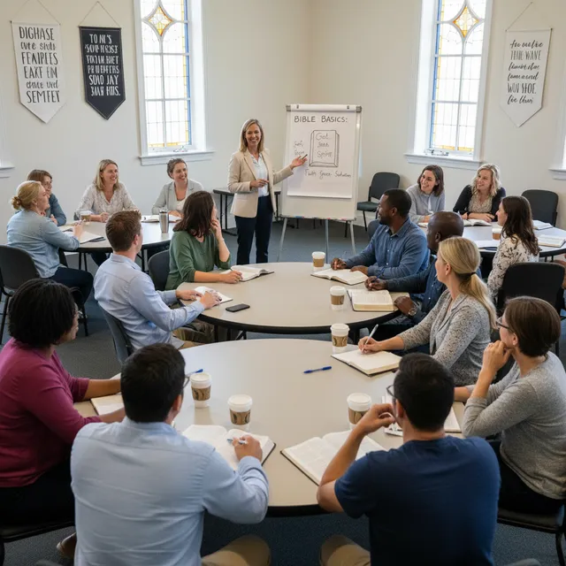 New believers class in church setting, diverse group of adults learning together with Bibles and notebooks