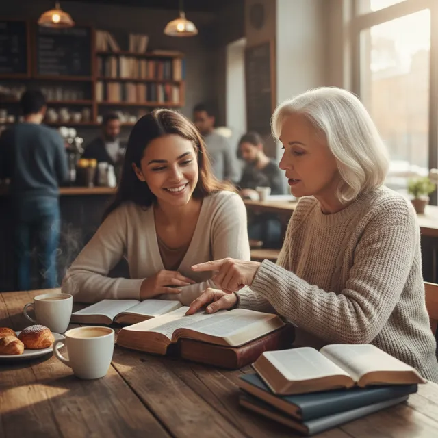 Older mature Christian mentoring younger new believer with open Bibles at coffee shop, warm encouraging conversation