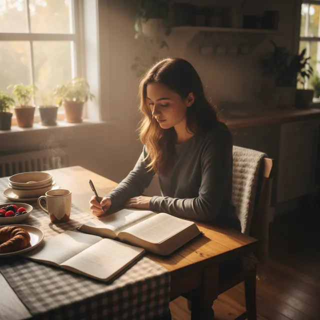 Young adult sitting with coffee and Bible at kitchen table early morning, sunlight streaming through window, journal open for notes