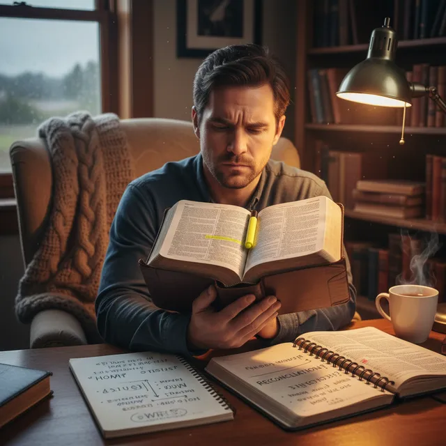 Person reading Bible with thoughtful questioning expression, notebook with questions written down