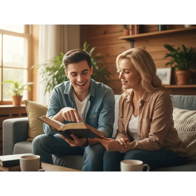 New Christian excitedly sharing Bible with friend or family member, authentic conversation about faith
