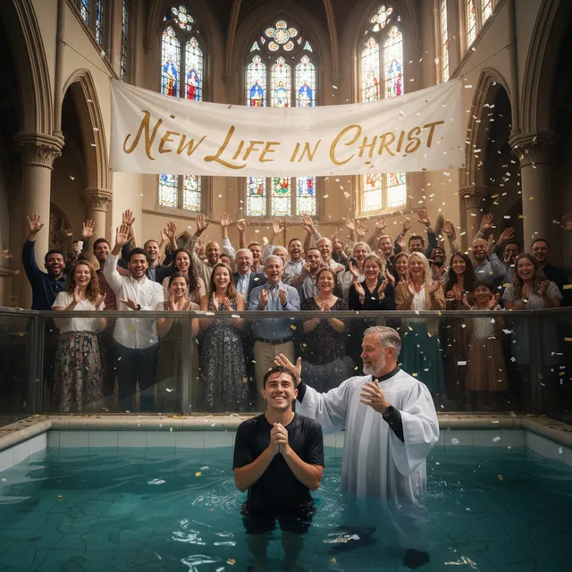 Joyful baptism scene in church baptistry with congregation celebrating new believer