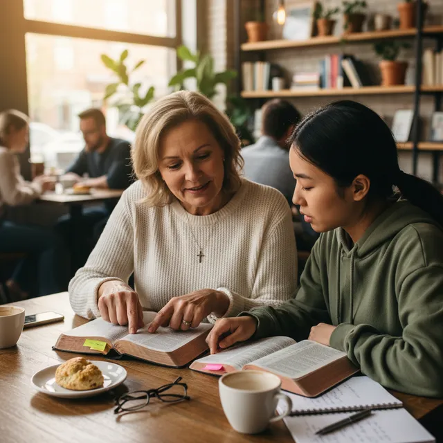 Mature Christian mentoring new believer with open Bibles in coffee shop, discipleship conversation
