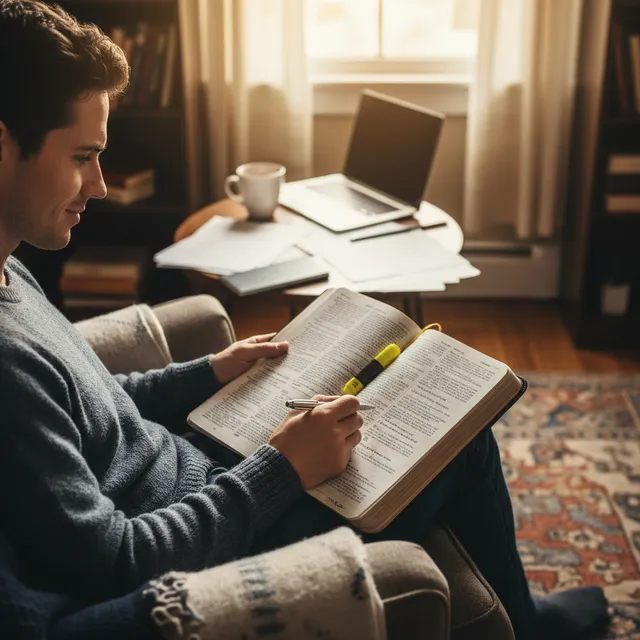 Person with Bible and journal writing questions and insights, thoughtful study expression