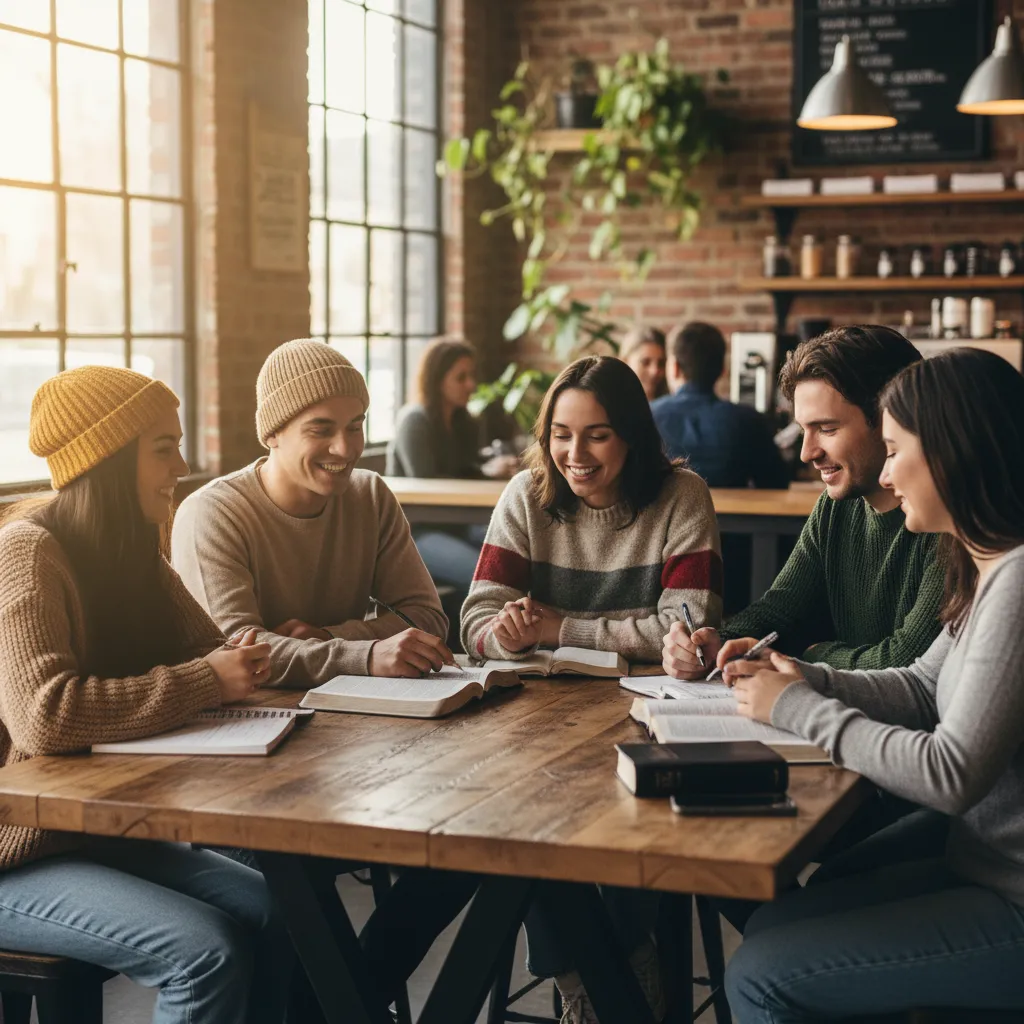 Diverse small group of young adults in modern coffee shop setting studying NIV Bibles together with engaged discussion