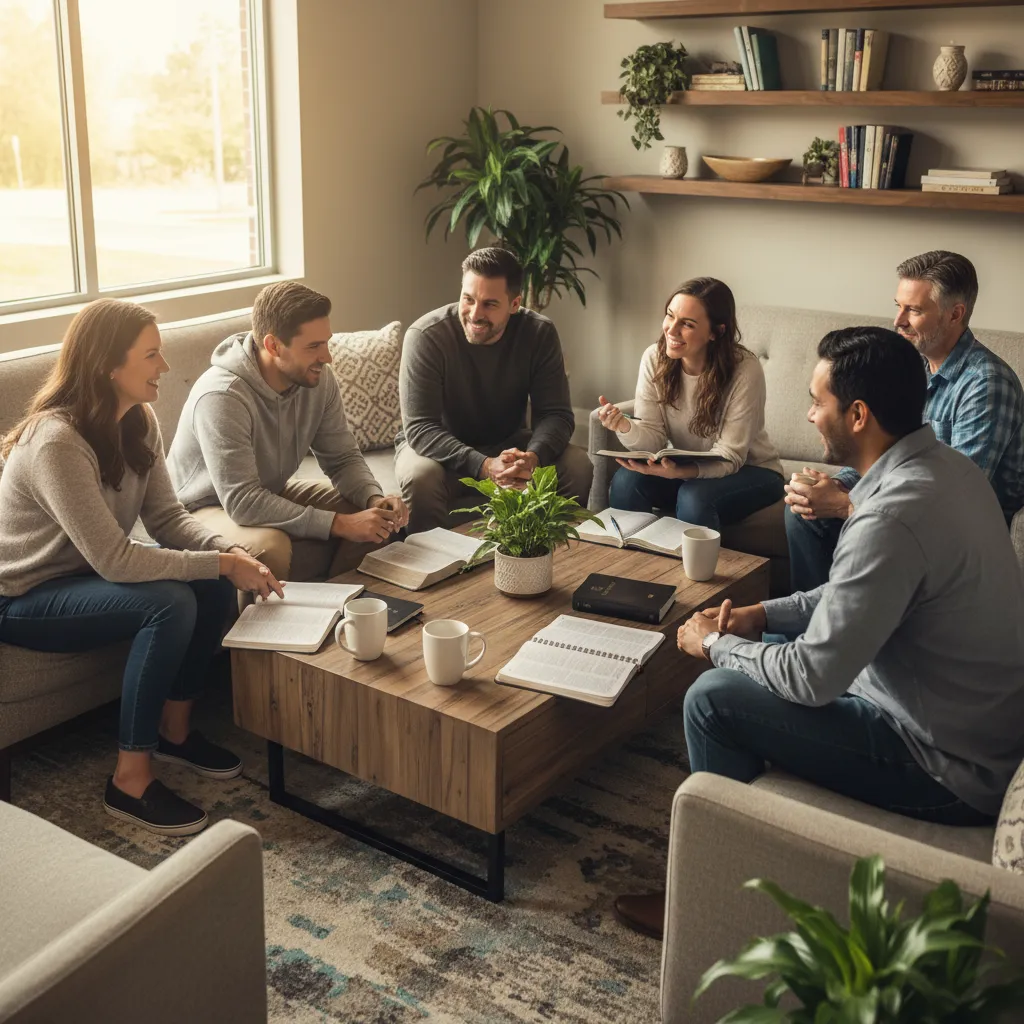 Diverse small group of adults studying NLT Bibles together in a comfortable modern living room with natural daylight and warm engaged discussion