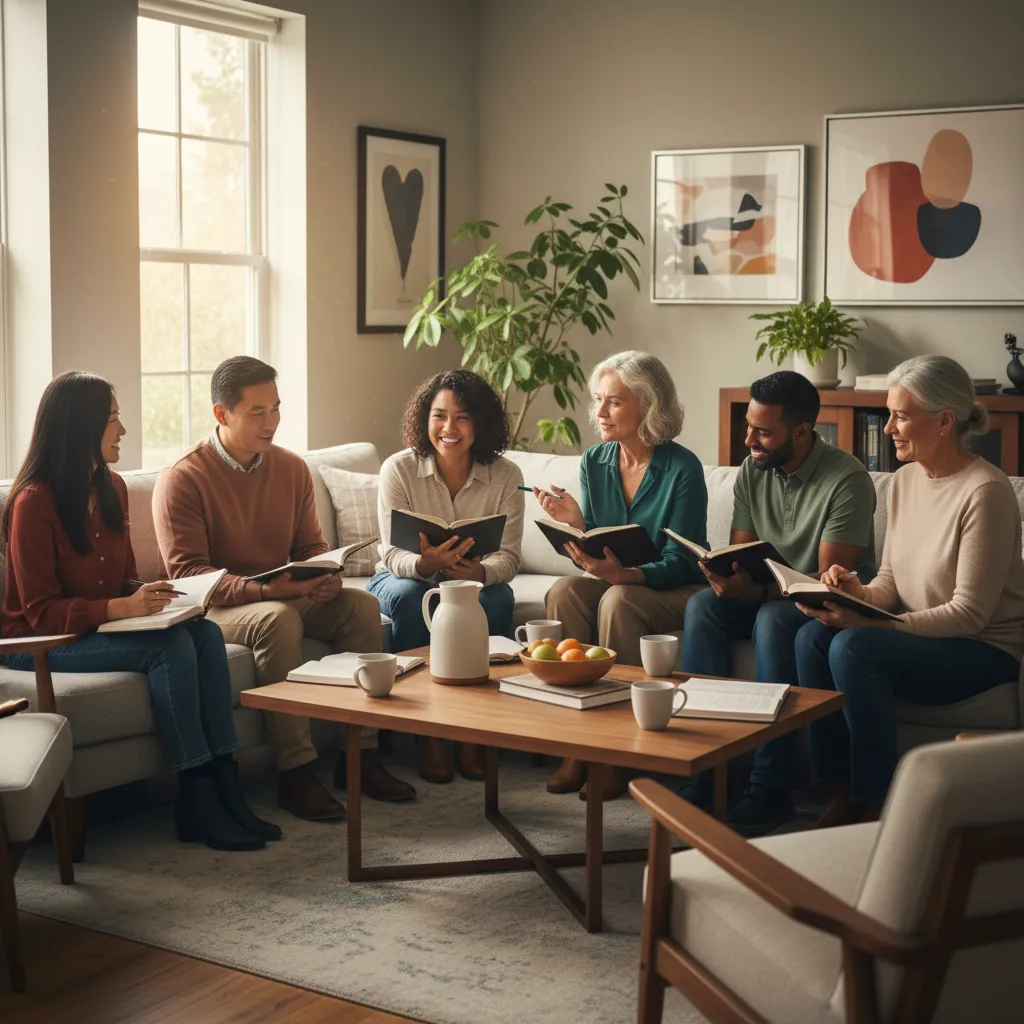 Diverse Bible study group in modern living room setting with 6-8 people of various ages and ethnicities sitting comfortably with open Bibles and notebooks, engaged in friendly discussion