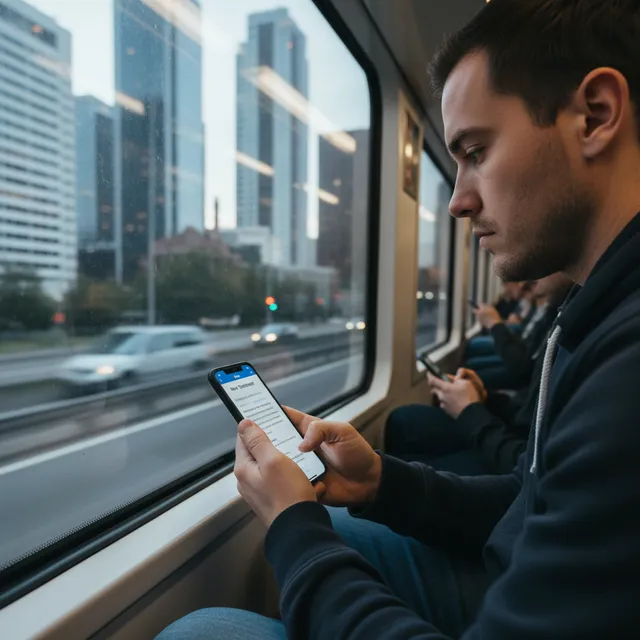Person reading New Testament on smartphone Bible app while commuting on train