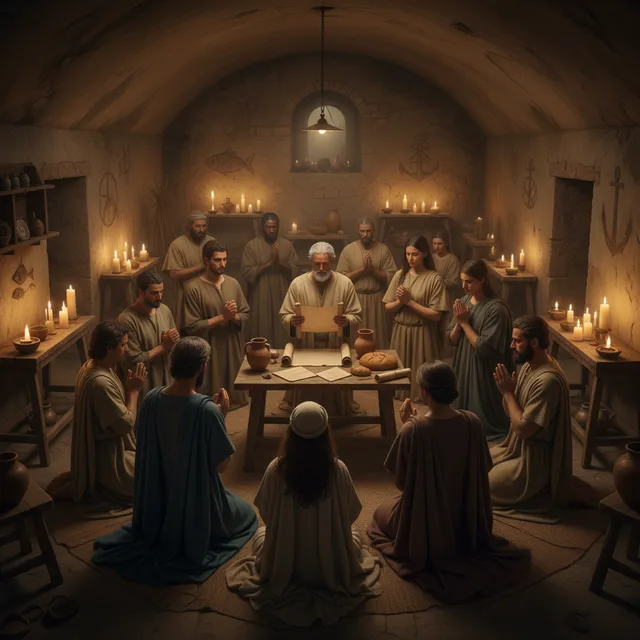 Early Christians gathering in home church with oil lamps and scrolls, diverse group praying together