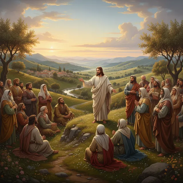Jesus teaching on hillside with disciples gathered around, Sermon on the Mount scene