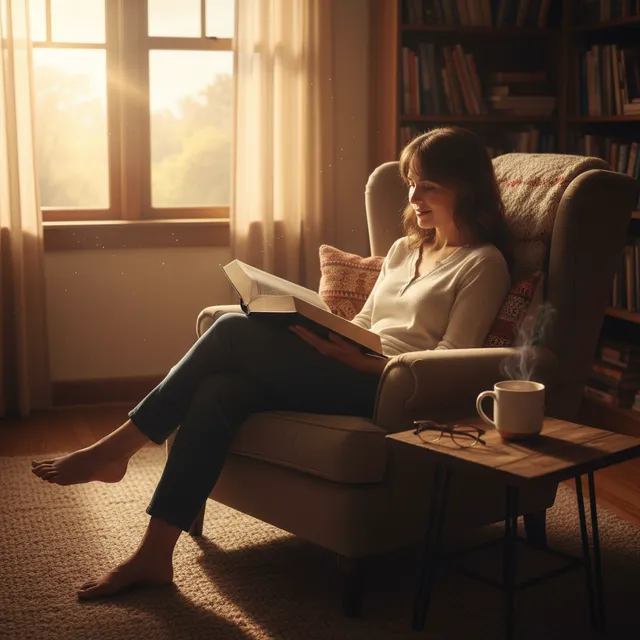 Person reading Bible at sunrise with coffee, warm golden morning light streaming through window, peaceful atmosphere