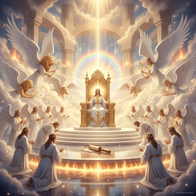 Majestic heavenly throne room scene from Revelation, brilliant light, worshiping figures