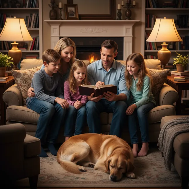 Family gathered for evening devotional, parents and children reading Bible about obeying God