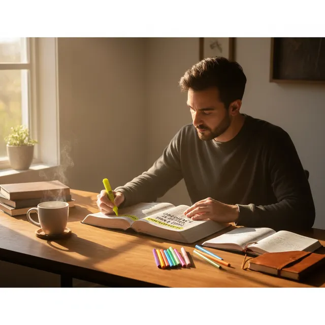 Person studying Bible intently with highlighters and journal, marking passages about obedience