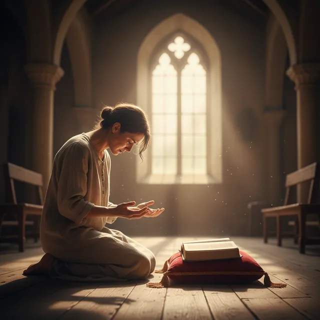 Person kneeling in prayer with open Bible, surrendering to God's will