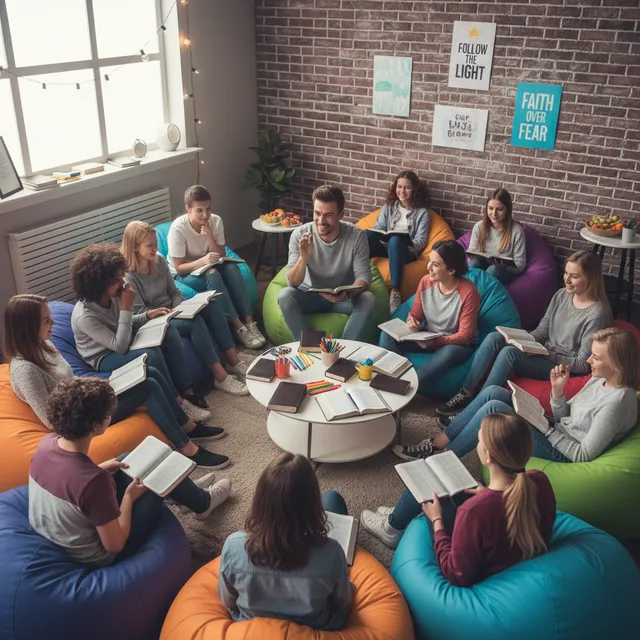 Youth group of teenagers studying Bible together about following God