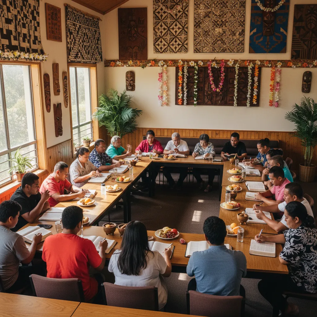 Pacific Islander church community engaged in group Bible study with diverse Pacific peoples gathered in fellowship