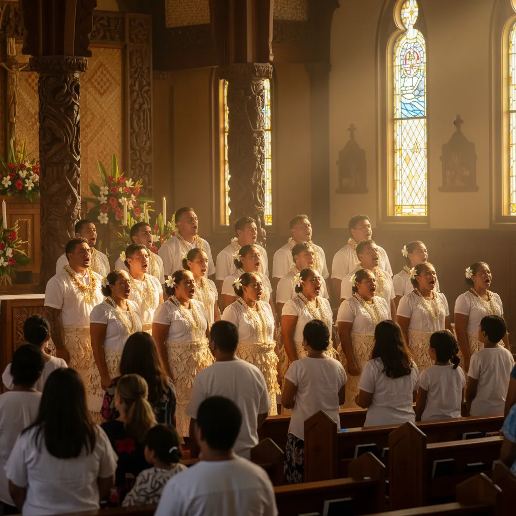 Pacific Islander worship service with Polynesian choir members singing with passionate expressions