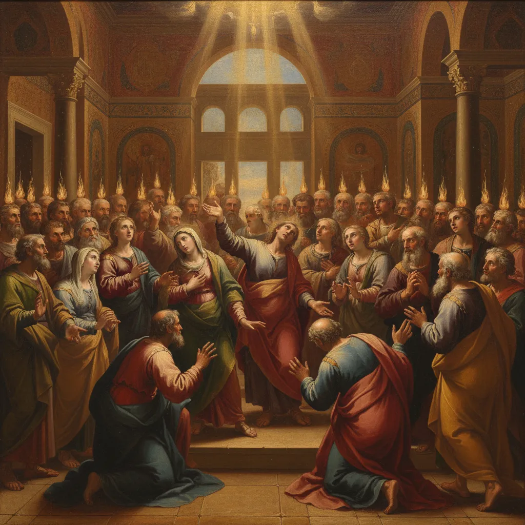 Artistic representation of the Day of Pentecost from Acts 2, showing diverse disciples with flames of fire above their heads in an ancient Jerusalem upper room