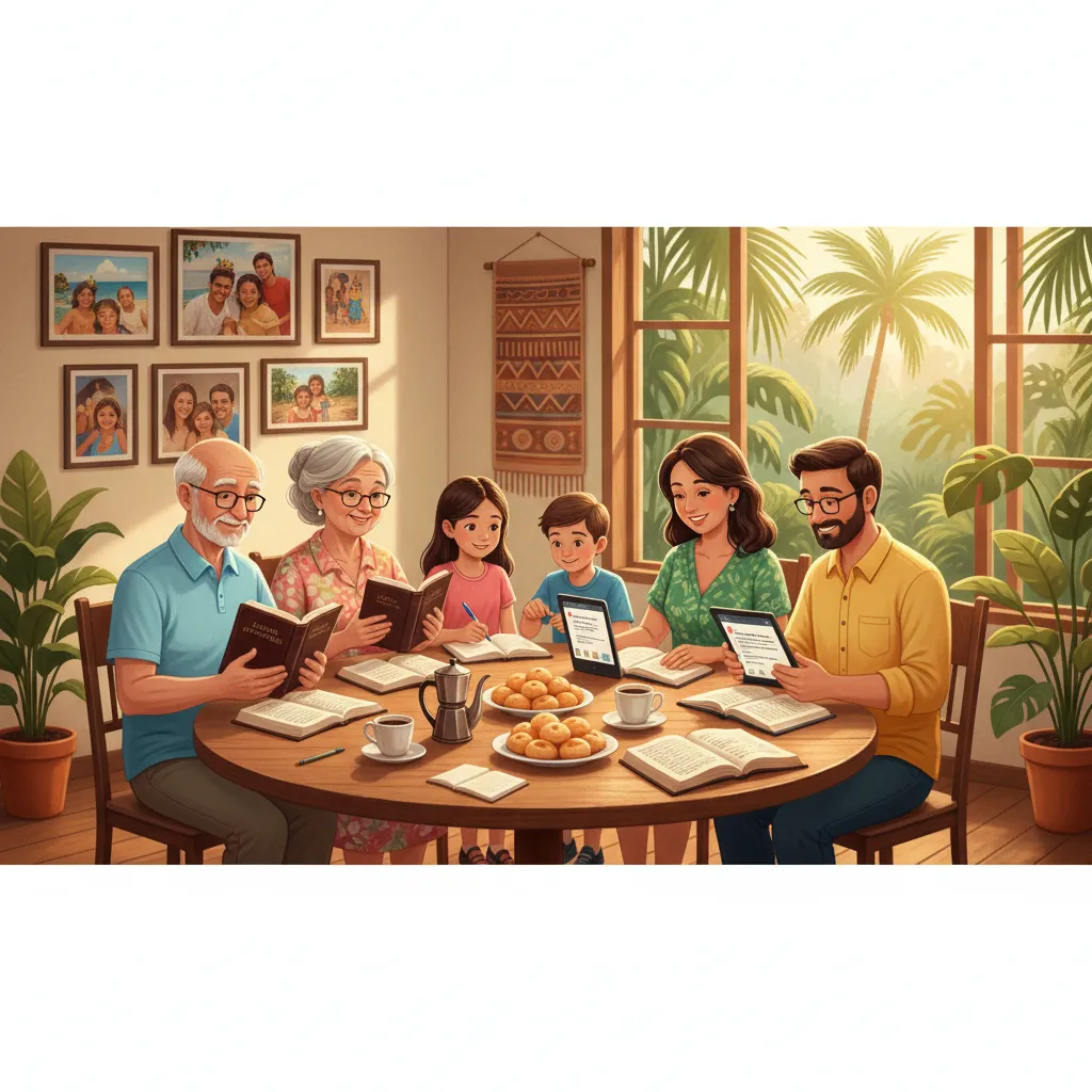 Brazilian Portuguese multi-generational family studying Bible together with Almeida translations, tablets, and notebooks in warm tropical setting