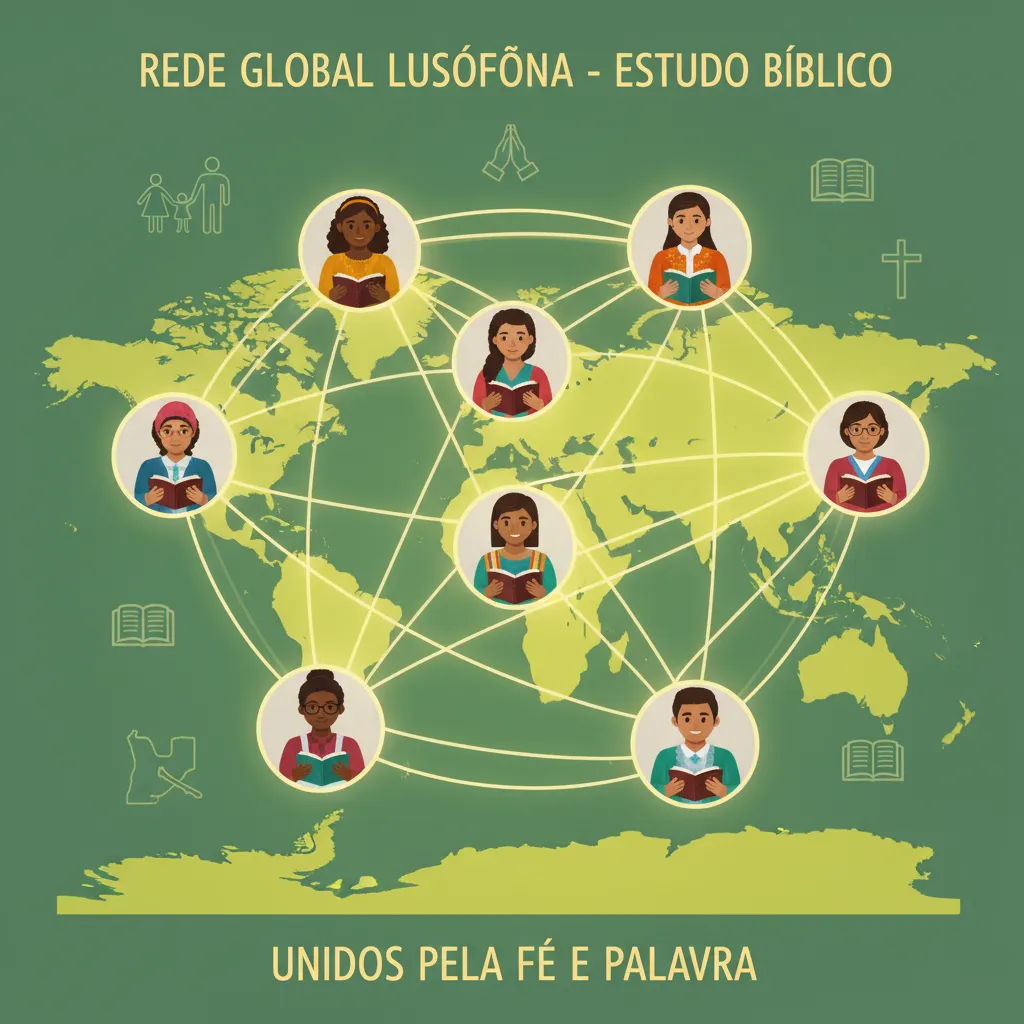 Network of Portuguese-speaking people studying Bible across Brazil, Portugal, Angola, Mozambique with glowing connections and prayer symbols