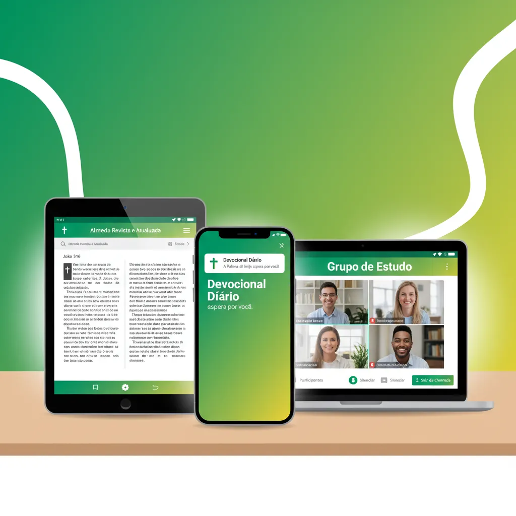 Portuguese Bible study resources on digital devices showing Almeida Revista e Atualizada, Portuguese devotional, and study group video call