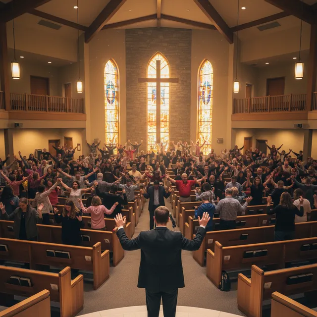 Church congregation in corporate prayer with raised hands