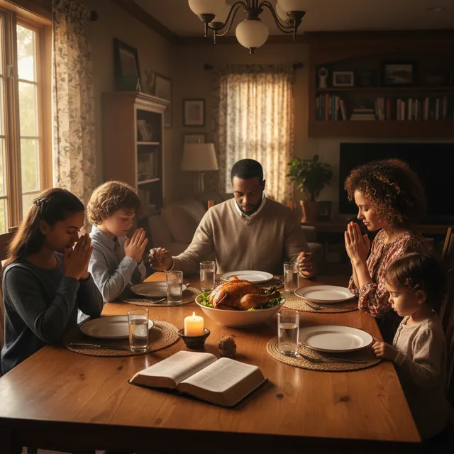 Family praying together at dinner table with open Bible