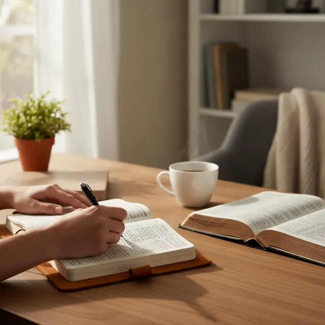 Person writing in prayer journal with Bible open beside them