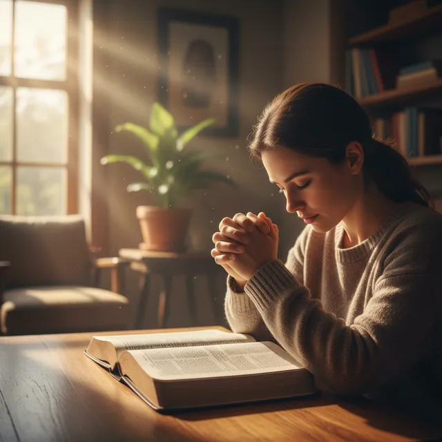 Person praying with open Bible during morning devotion time