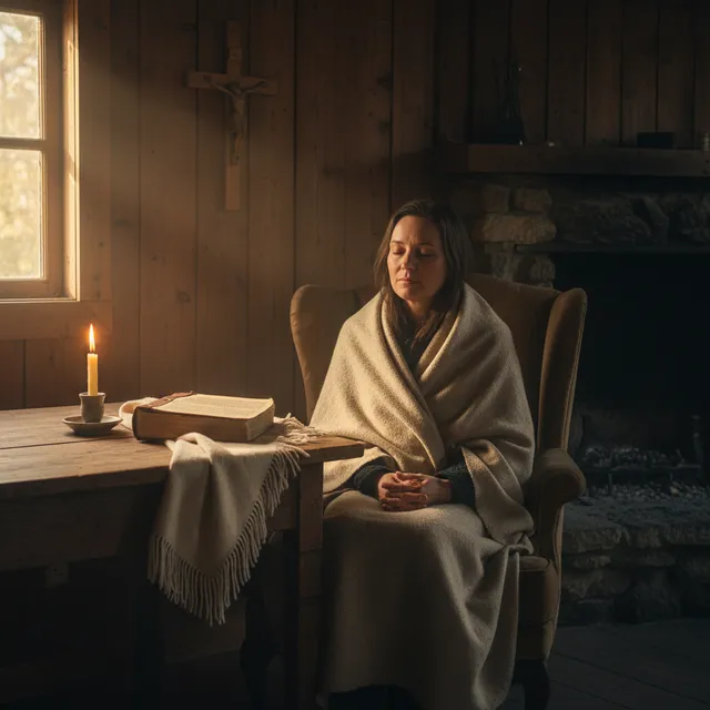 Person in quiet retreat setting with Bible in deep contemplation