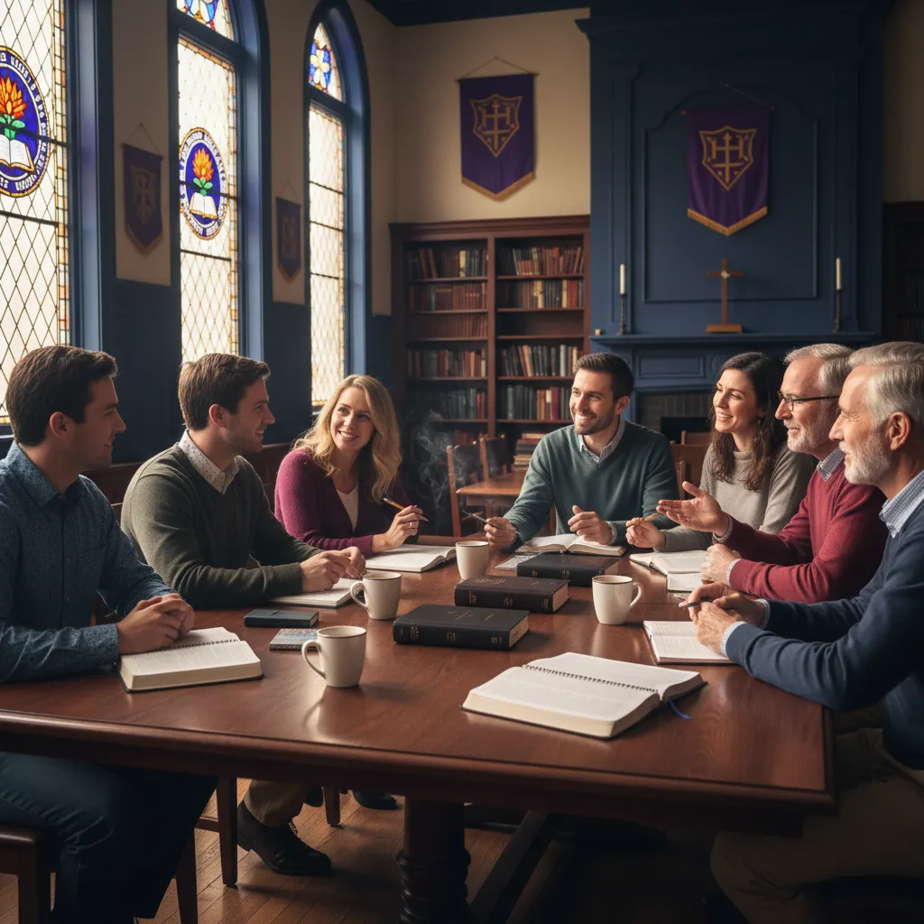 Diverse group of people in a Presbyterian church fellowship hall with open Bibles and Westminster Confession study materials